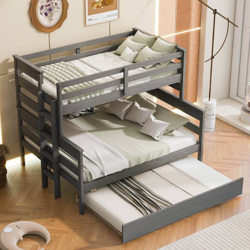 Wood Twin over Full Bunk Bed with Twin Size Trundle and Guard Rails - Gray