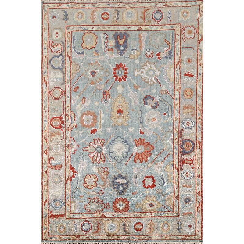 Light Blue Oushak Style Area Rug Hand-Knotted Wool Carpet - 4'2"x 5'11"