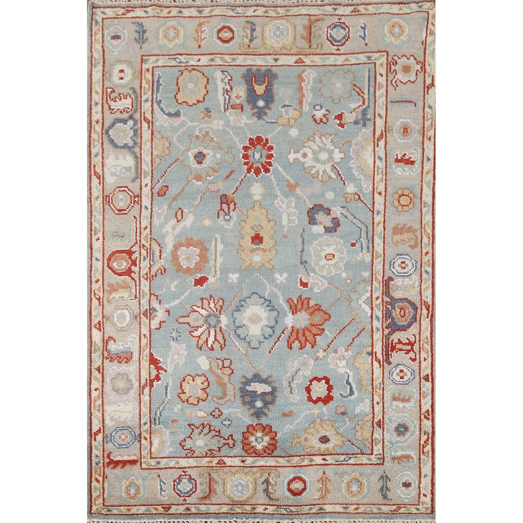 Light Blue Oushak Style Area Rug Hand-Knotted Wool Carpet - 4'2"x 5'11"