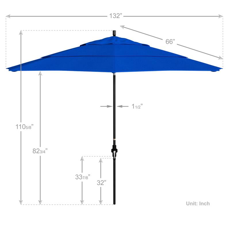 California Umbrella 11' Sun Master Patio Umbrella Black Aluminum Pole Fiberglass Ribs Crank Lift Tilt Sunbrella Pacific Blue