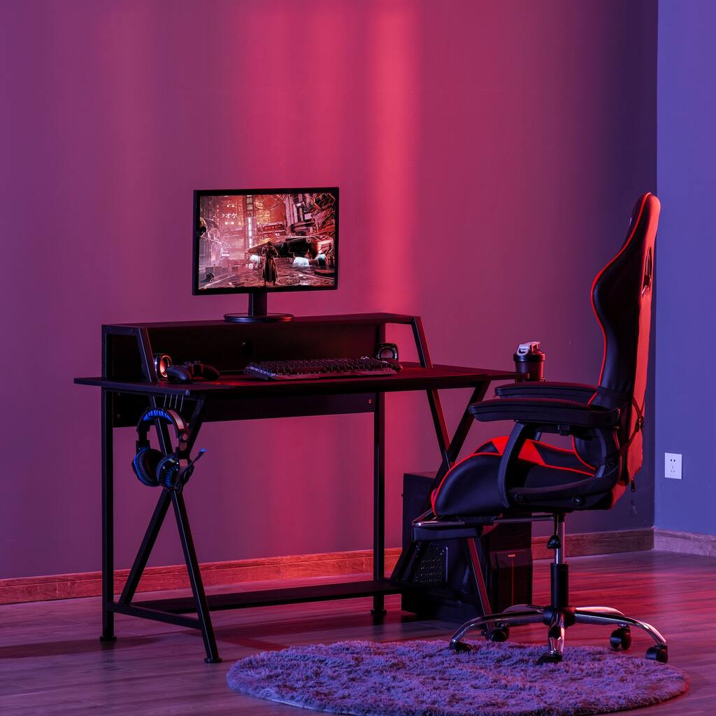 HOMCOM Racing Gaming Desk Carbon Fiber Style Computer Table with Elevated Monitor Shelf, and Cup Holder