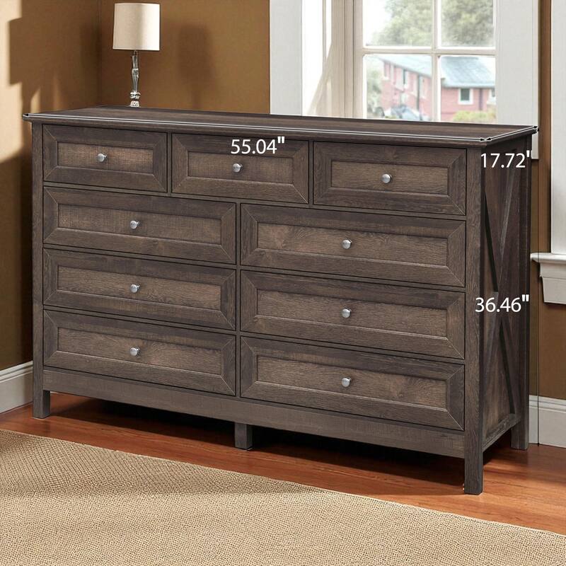 Rustic Wood 9-Drawer Dresser, Pine & MDF Chest with Silver Handles, Storage Organizer for Bedroom
