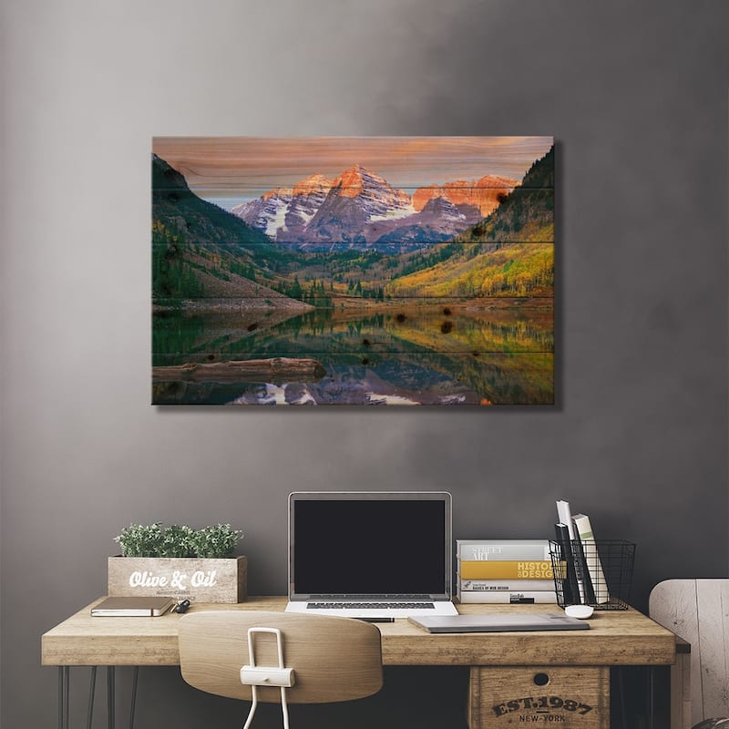 Maroon Bells Peaks Reflected In Maroon Lake, Snowmass Wilderness, Colorado Print On Wood by Tim Fitzharris - Multi-Color