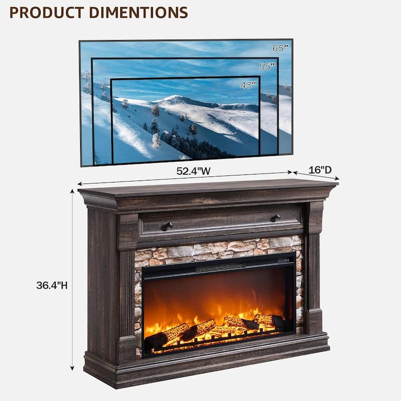 52" Farmhouse Electric Fireplace TV Stand, Wood Entertainment Center