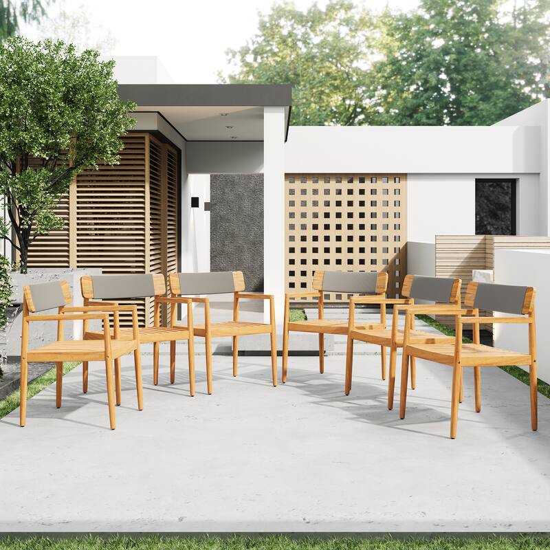 Creative braided acacia wood outdoor dining table and chairs with armrests, suitable teak look & white rope,set of 2
