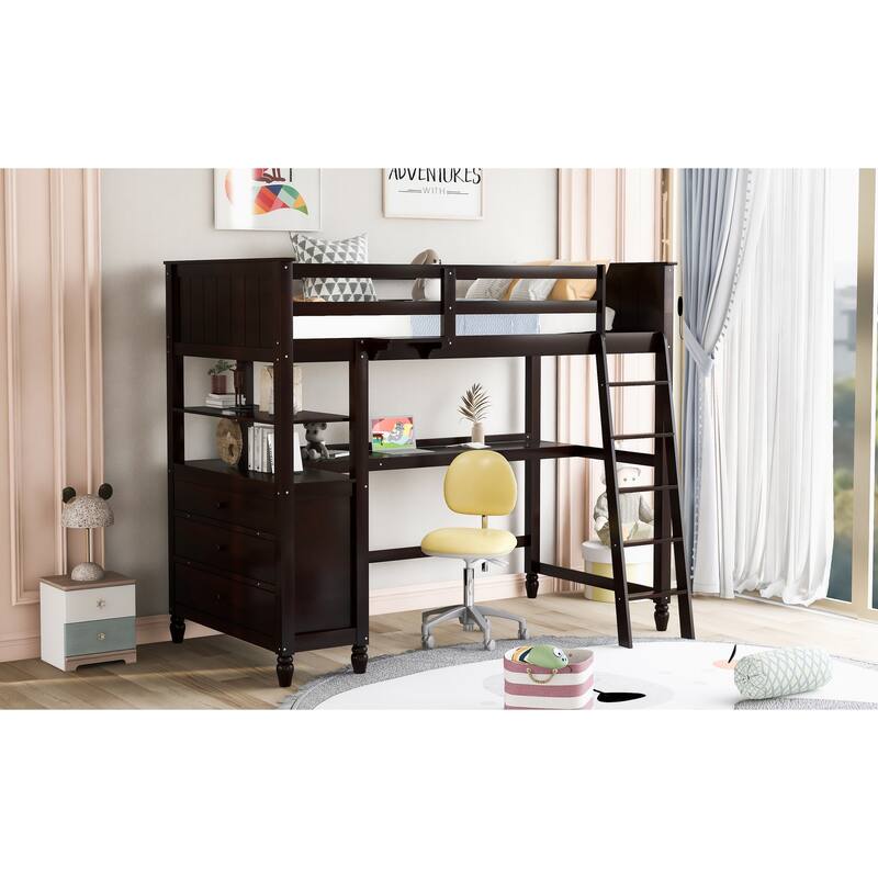 Space-Saving Twin Size Loft Bed with Built-In Desk, Storage Drawers, and Shelves - Ideal for Kids, Durable Pine Wood Frame