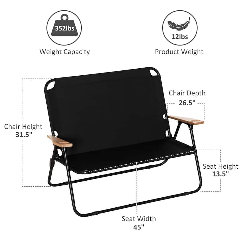 Double Folding Camping Chair, Portable Loveseat, Wood Armrests