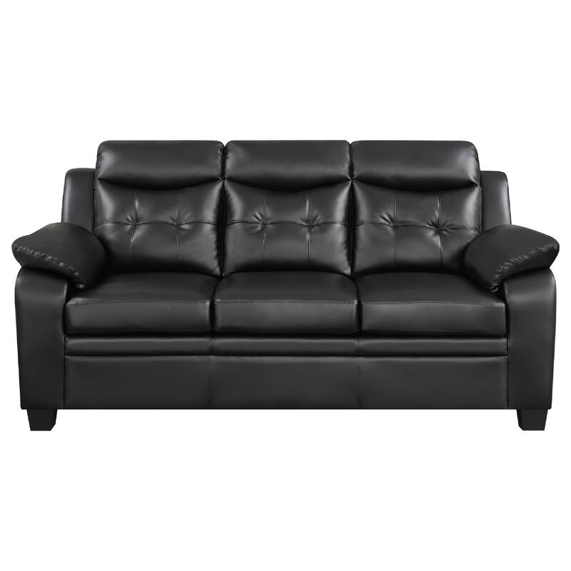 Finie 2 Piece Sofa and Loveseat Set, Black Faux Leather, Soft Foam