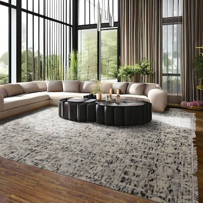 Hand Knotted Ivory, Gray Oushak 100% Wool Art Deco Oriental Area Rug - 8' 1'' x 9' 11''