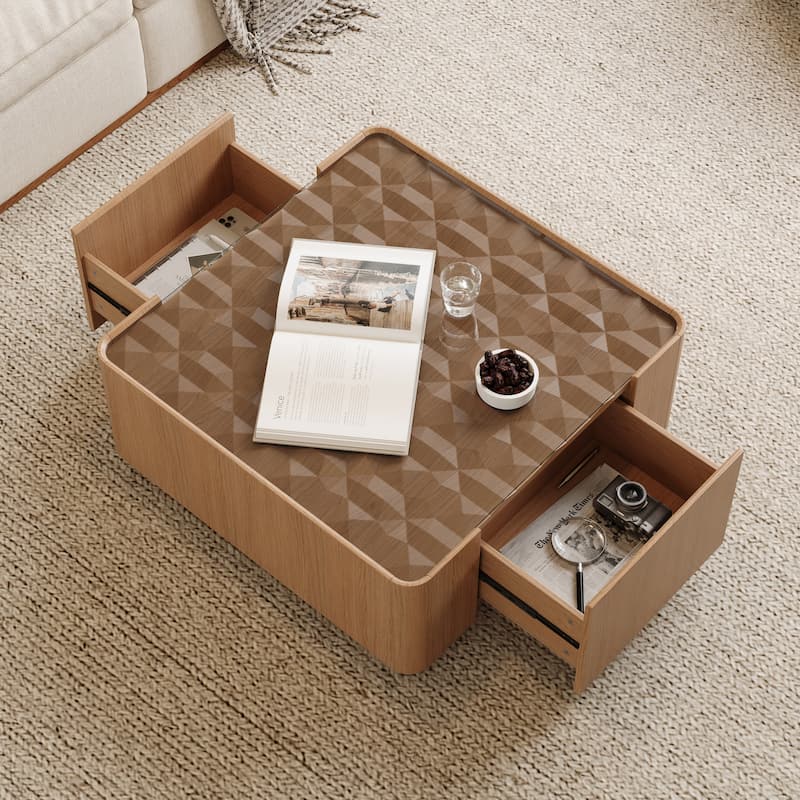 31.5-Inch Square Coffee Table with Storage Drawers,Modern Wooden Coffee Table with Glass Top ,Tea Table Center Tables