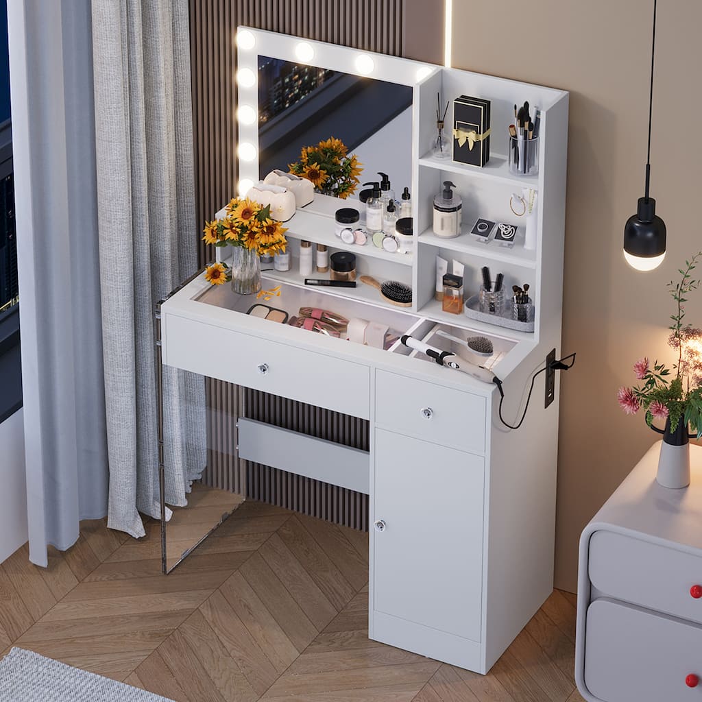 Vanity Desk with LED Mirror & 3 Lighting Modes - Makeup Dressing Table with Tempered Glass Top, 2 Drawers & Storage Shelves