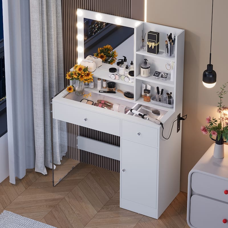 Vanity Desk with Mirror and 3 Lighting Modes, Dressing Table with 2 Drawers and Cabinet