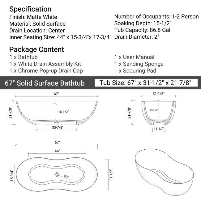 ABRUZZO 67" x 31.5" Freestanding Solid Surface Soaking Tub Matte White with Overflow & Pop-Up Drain