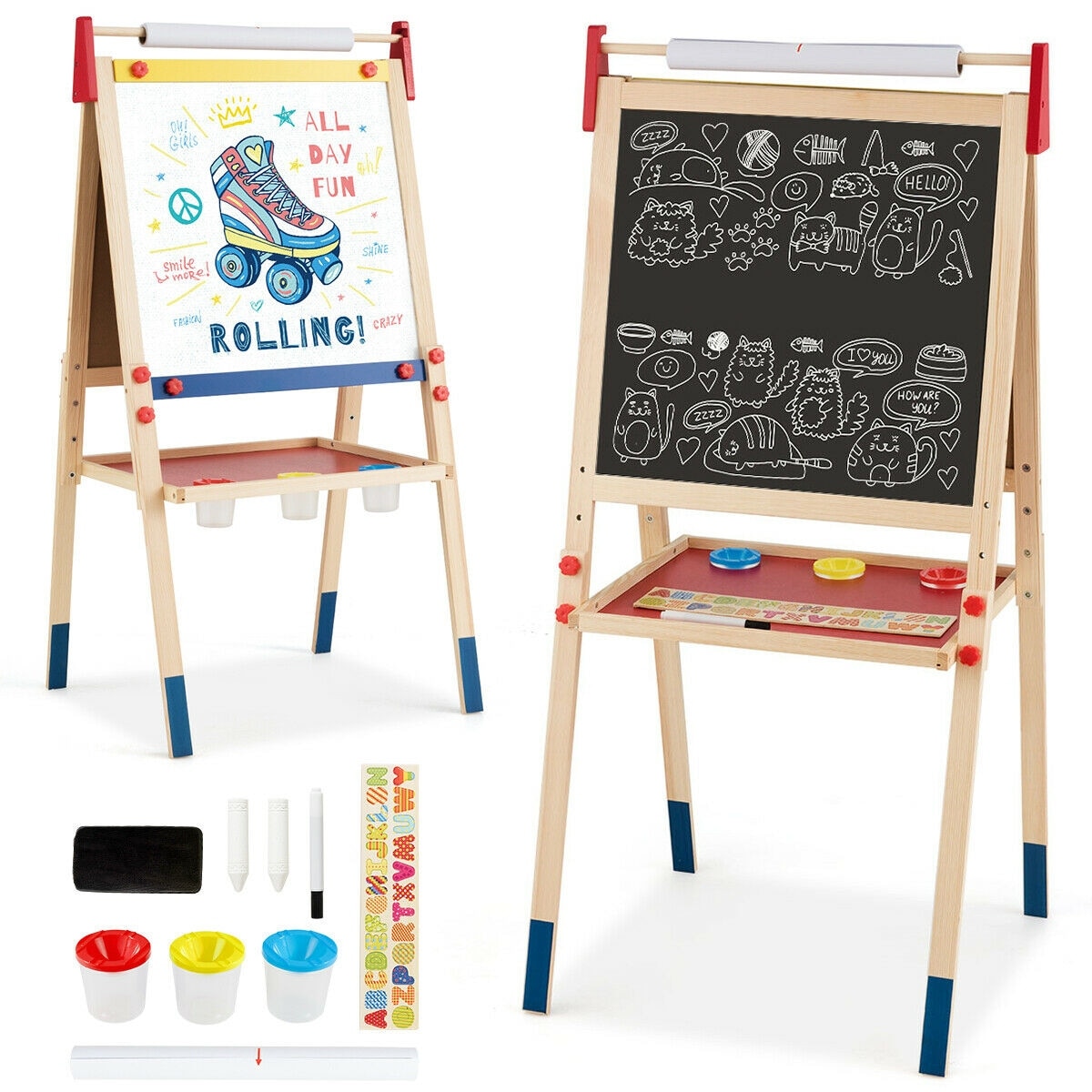 Qaba Art Easel for Kids with Paper Roll, Blackboard, Whiteboard, Storage 