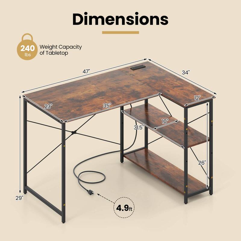 Costway L-Shaped Computer Desk with Power Outlets Adjustable shelf