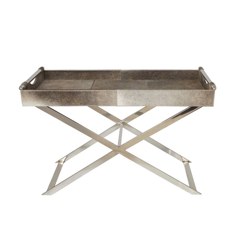 Gray Leather Tray Table Accent Table with Silver Legs and Handles