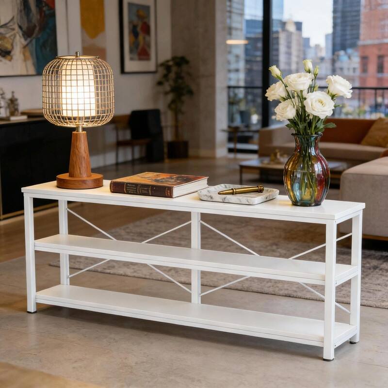 70.8" Rustic 3-Tier Sofa Console Table with Open Shelves and Metal Frame