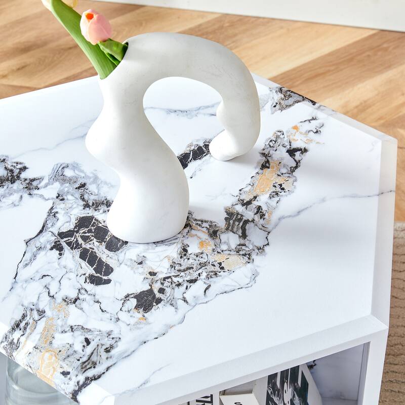 Roomfitters Hexagonal Coffee Table with Patterned MDF Finish, Modern Multi-Use Storage Table for Living Room