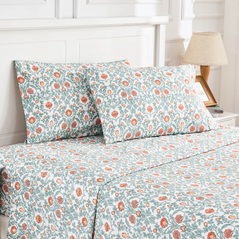 Printed Design Cotton Collection 400 Thread Count Orange Floral Crafted Sheet Set and Pillowcases