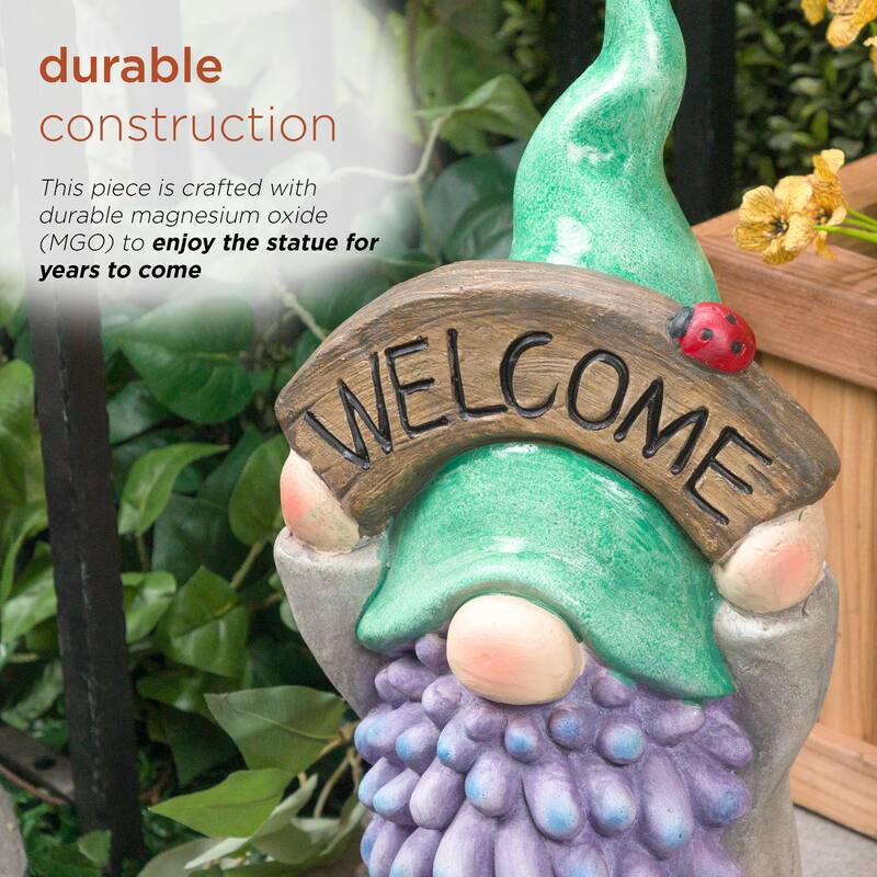 Gnome with Green Hat Holding Up "Welcome" Sign