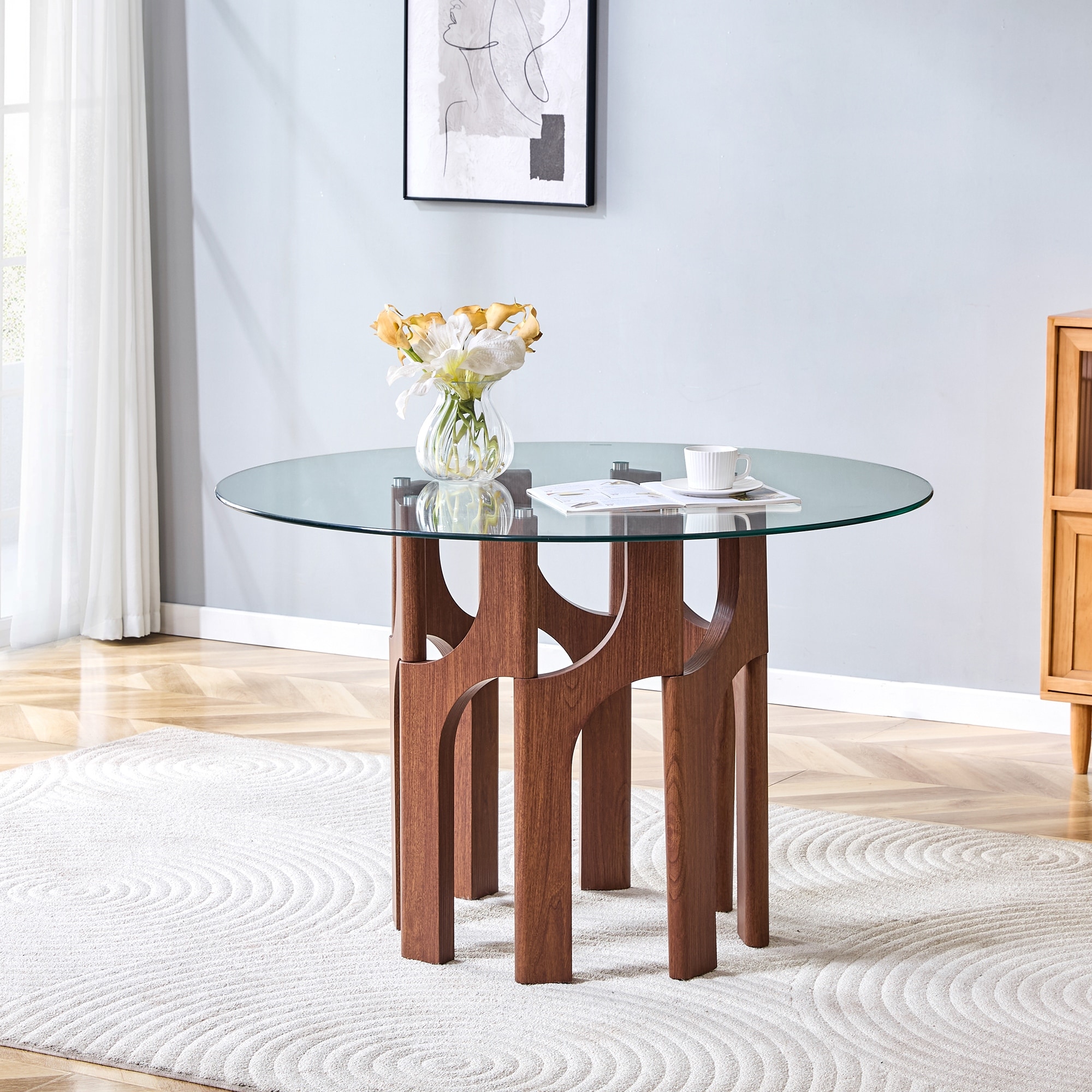 Round Tempered Glass Dining Table, Mid-Century Modern Mdf Sculptural Base, Compact 2-4 Person Kitchen Table