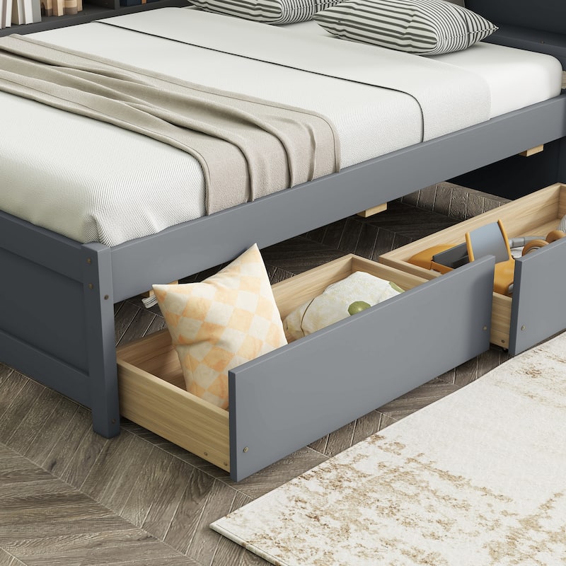 L-shaped Bookcases Bed Captains Bed with Power Outlets, USB,2 Drawers