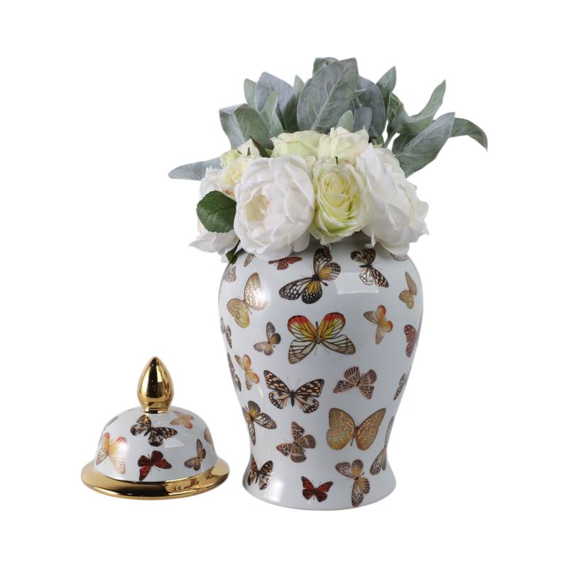 Ceramic Decorative Temple Jar with Lid and Metallic Butterfly Motif