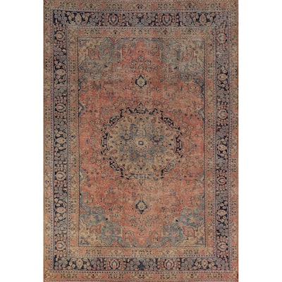 Medallion Pink Mashad Persian Vintage Area Rug Handmade Wool Carpet - 6'5" x 9'4"