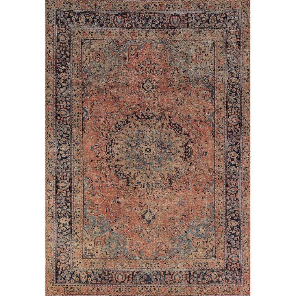 Medallion Pink Mashad Persian Vintage Area Rug Handmade Wool Carpet - 6'5" x 9'4"