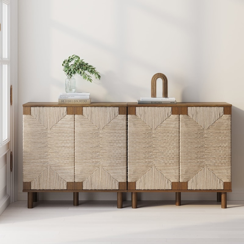 Nathan James Beacon Wood Accent Cabinet with Seagrass Doors and Adjustable Shelf - Dark Brown Set of 2