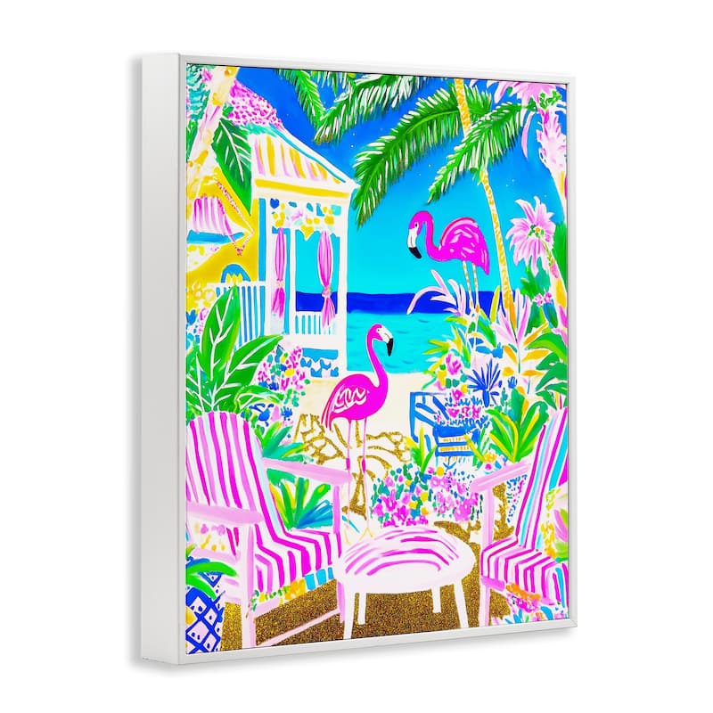Stupell Vivid Flamingos on Tropical Beach Framed Giclee Art Design By Jess Stempel