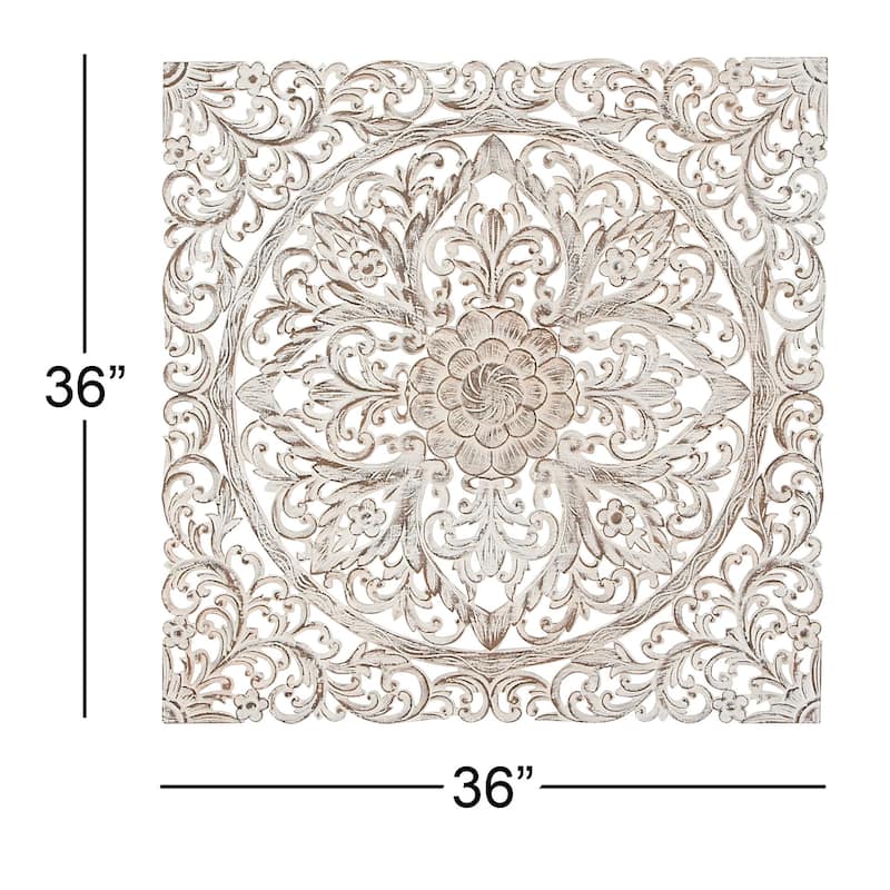 Wood Floral Handmade Intricately Carved Mandala Home Wall Decor with Brown Distressing - White - Roche River Decor