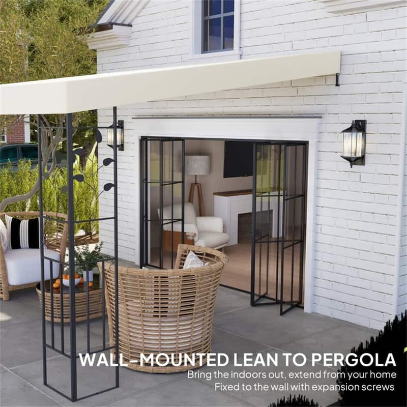 Cream White Outdoor Lean-To Pergola with UPF30+ Polyester Canopy & Powder-Coated Metal Frame Wall-Mountable Shade Shelter