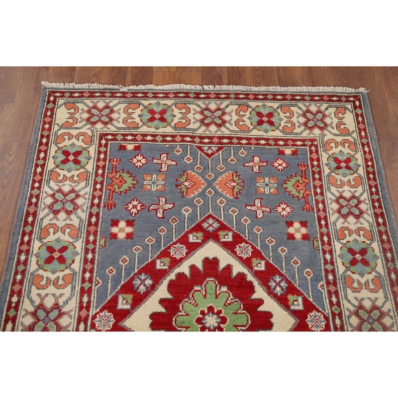 Geometric Blue Kazak Oriental Foyer Rug Hand-Knotted Wool Carpet - 3'4" x 4'11"