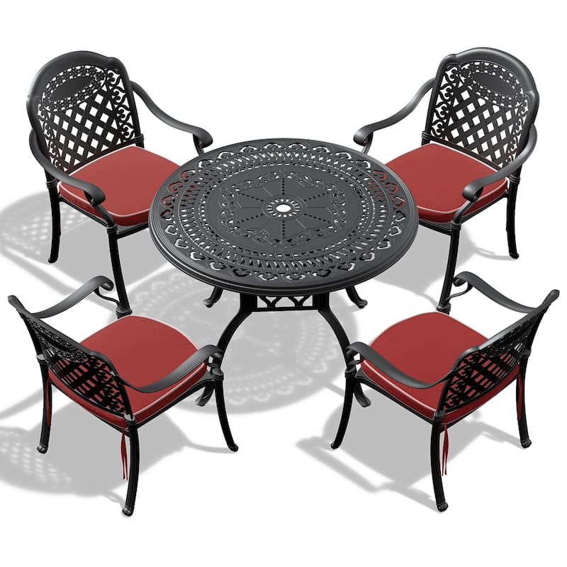 3/5-Piece Cast Aluminum Outdoor Dining Set with 39.37 in. Round Table and Random Color Seat Cushions