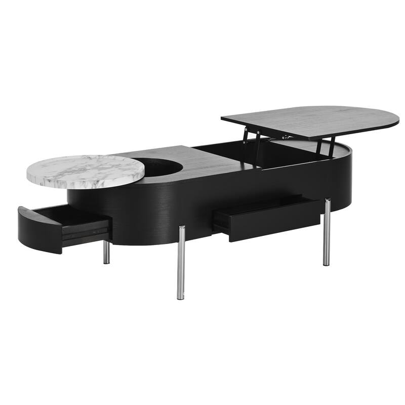 Roomfitters Lift Top Oval Coffee Table with Rotating Marble Tray and Hidden Compartment