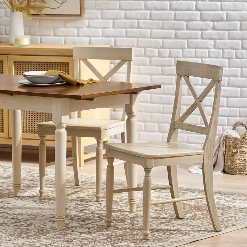 Indoor Acacia Wood Dining Chairs with X-Back Design, Set of 2 - Antique White