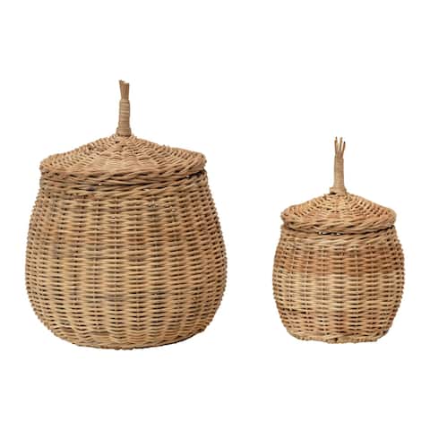 Hand-Woven Wicker Baskets with Lids, Set of 2