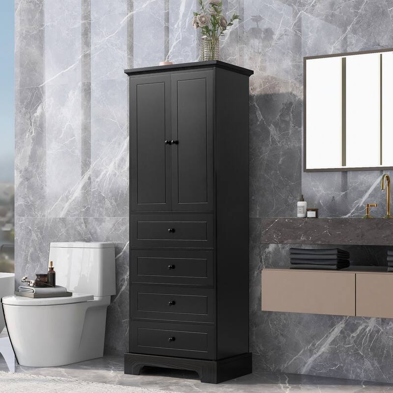 Classic Bathroom Storage Cabinet with 2 Doors & 4 Drawers — Elegant & Versatile - Black
