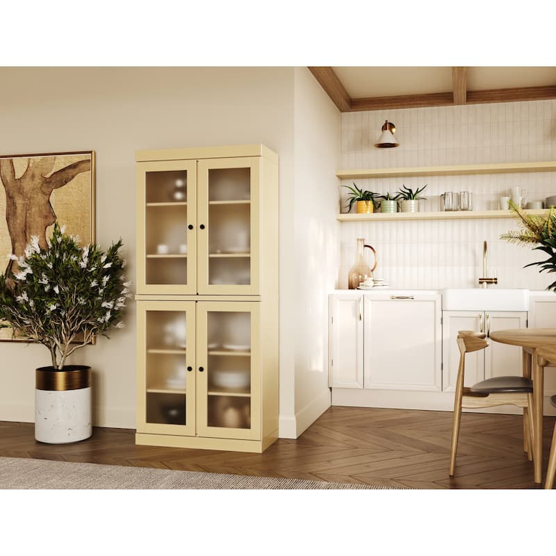 Palace Imports 100% Solid Wood Pantry Cabinet with Frosted, Clear Glass or Solid Doors and Adjustable Shelves - Yellow - Frosted Glass