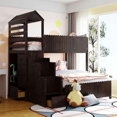 Merax Stairway Twin over Full Bunk Bed, House Bed with Shelves, Drawers