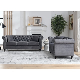 Velvet Upholstered Chesterfield Sofa Set w/Nailhead Tufted Back ...