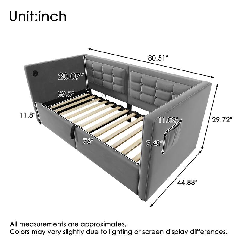 Upholstered Twin Daybed with Hydraulic Storage - Features USB & Type-C Charging Ports and Tufted Velvet Sofa Back
