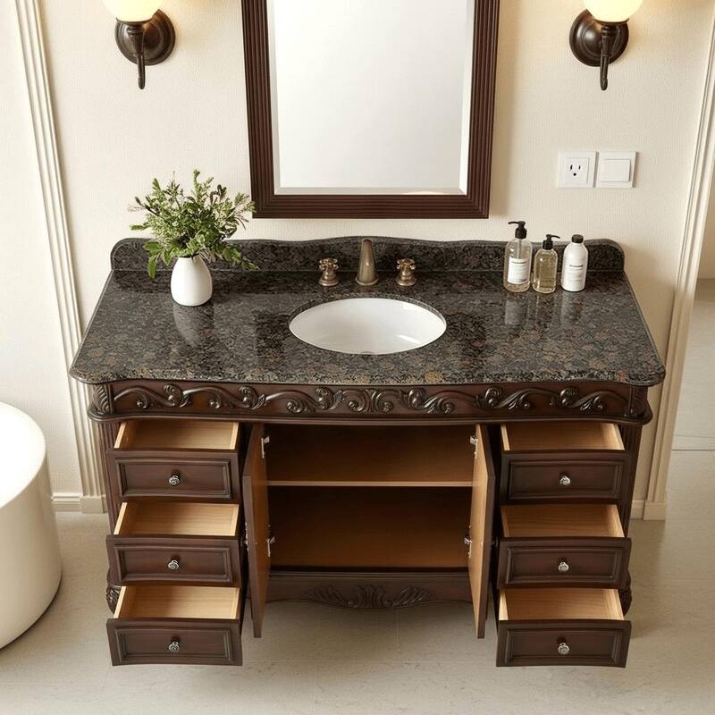 Benton Collection 56 inch Traditional Style Bathroom Sink Vanity With Baltic Brown Top