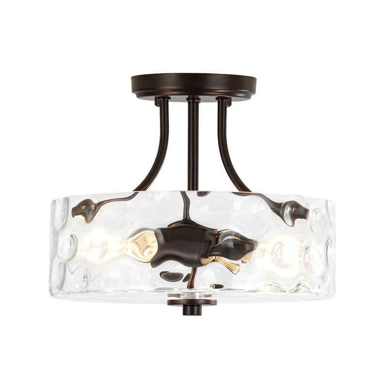 Nickel 2-Light Water Glass Round Semi Flush Ceiling Light - 11.8in
