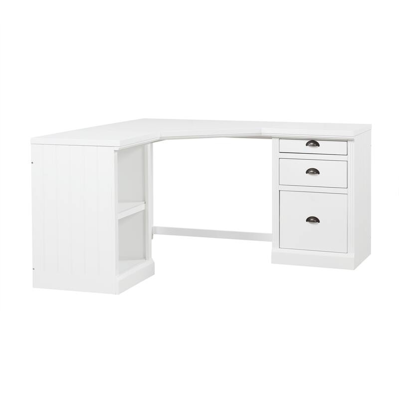 Modern White Executive Desk with Wide Desktop and Storage Shelves Three Drawers for Office