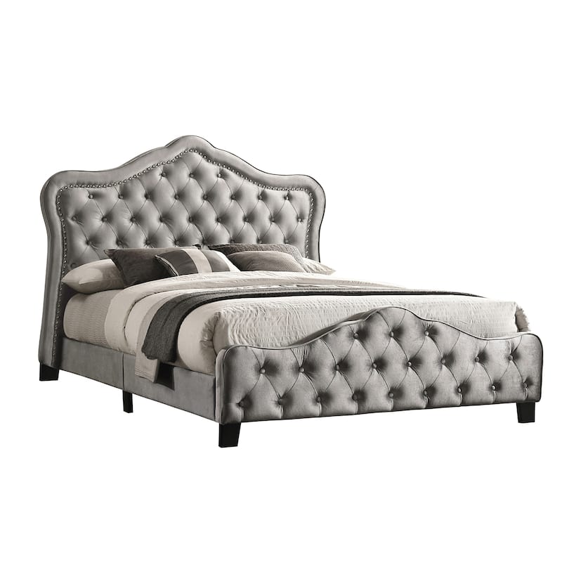 Upholstered Tufted Bed with Nailheads in Grey - California King