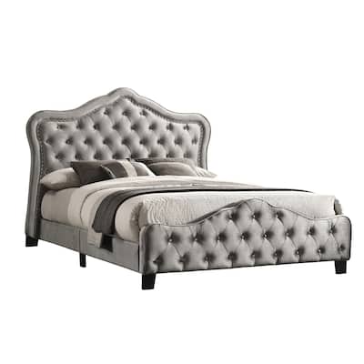 Upholstered Tufted Bed with Nailheads in Grey