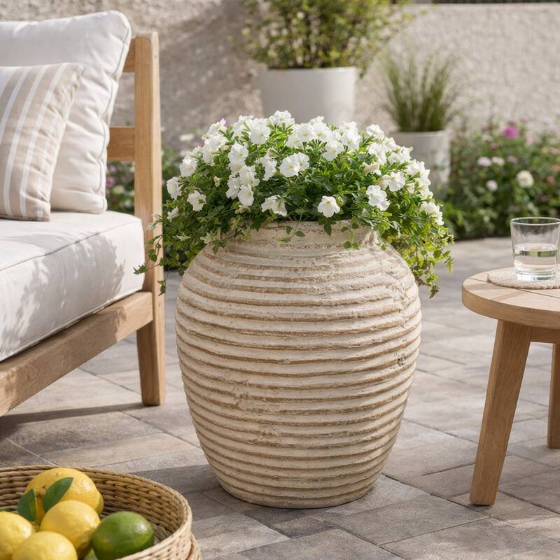 Lezlee Accent Planter, Beige Terracotta, Ridged Textured Urn, 13 Inch