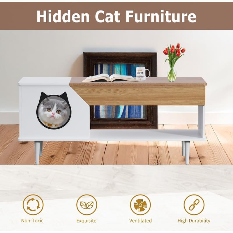 Hidden Cat Litter Box Enclosure, 45'' Coffee Table with Cat House